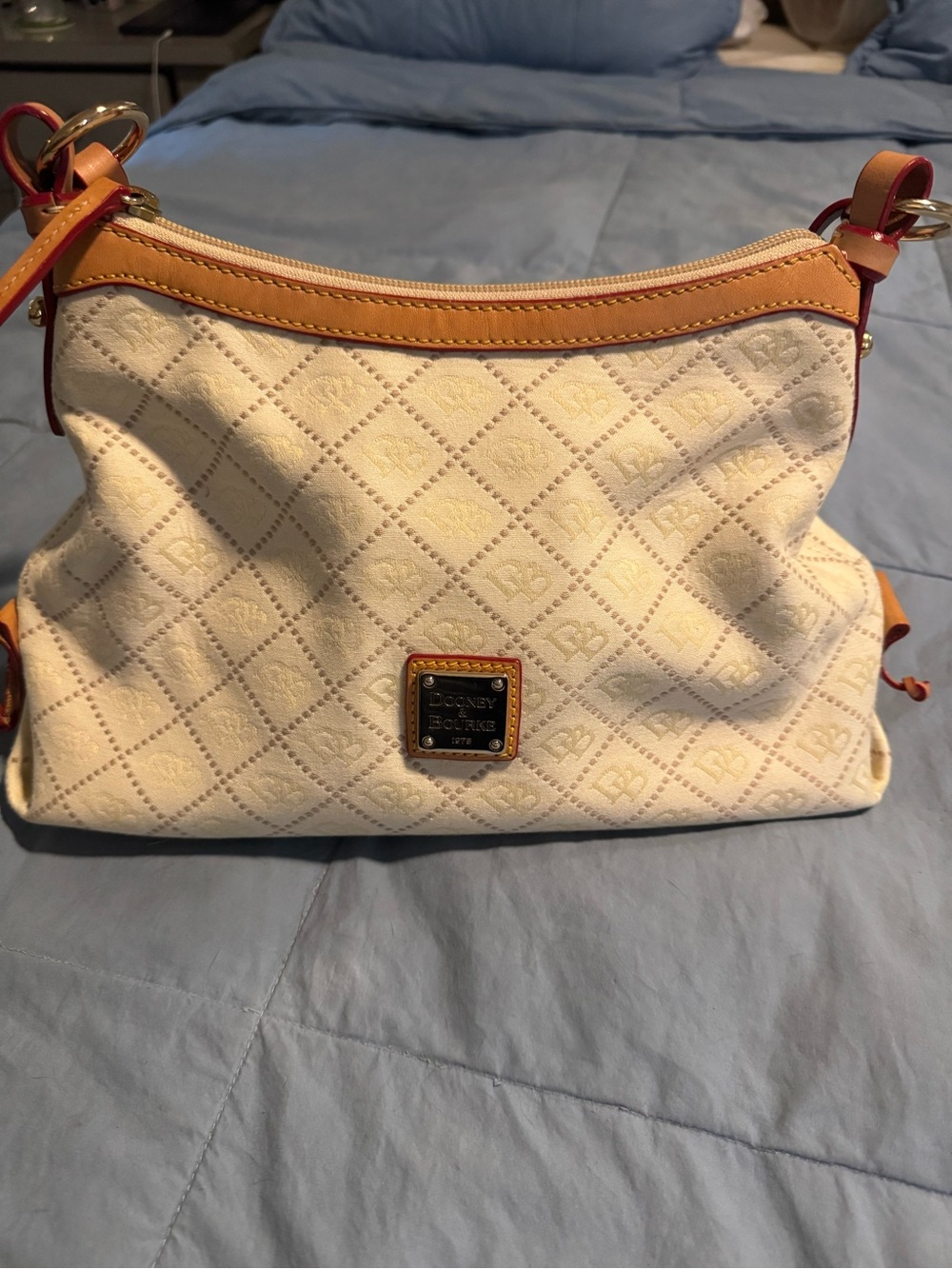 Dooney & Bourke Cream Quilted Logo Shoulder Bag with Tan Trim